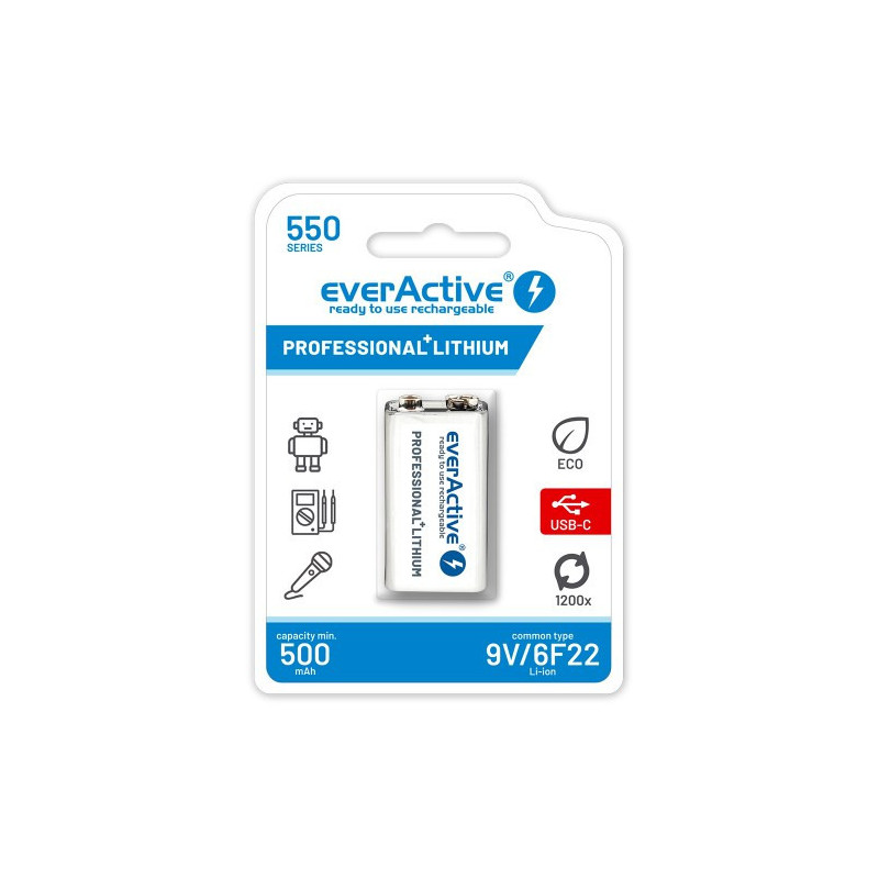 everActive 9V punjiva baterija Li-Ion 550 mAh (TypeC)