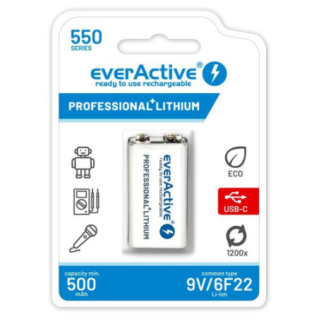 everActive 9V punjiva baterija Li-Ion 550 mAh (TypeC)